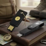 Clés de sécurité USB YubiKey et Thetis posées sur un carnet en cuir, entourées d'un équipement de voyage comprenant un sac à dos, des chaussures de randonnée, une boussole et un passeport.